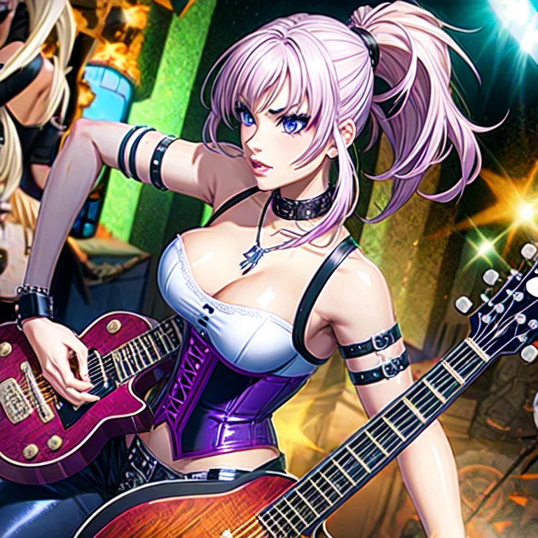 1girl, Casey Lynch, wearing purple corset, cleavage, holding guitar, ponytail, eyelash, rocker girl, seductive expression, best quality, masterpiece