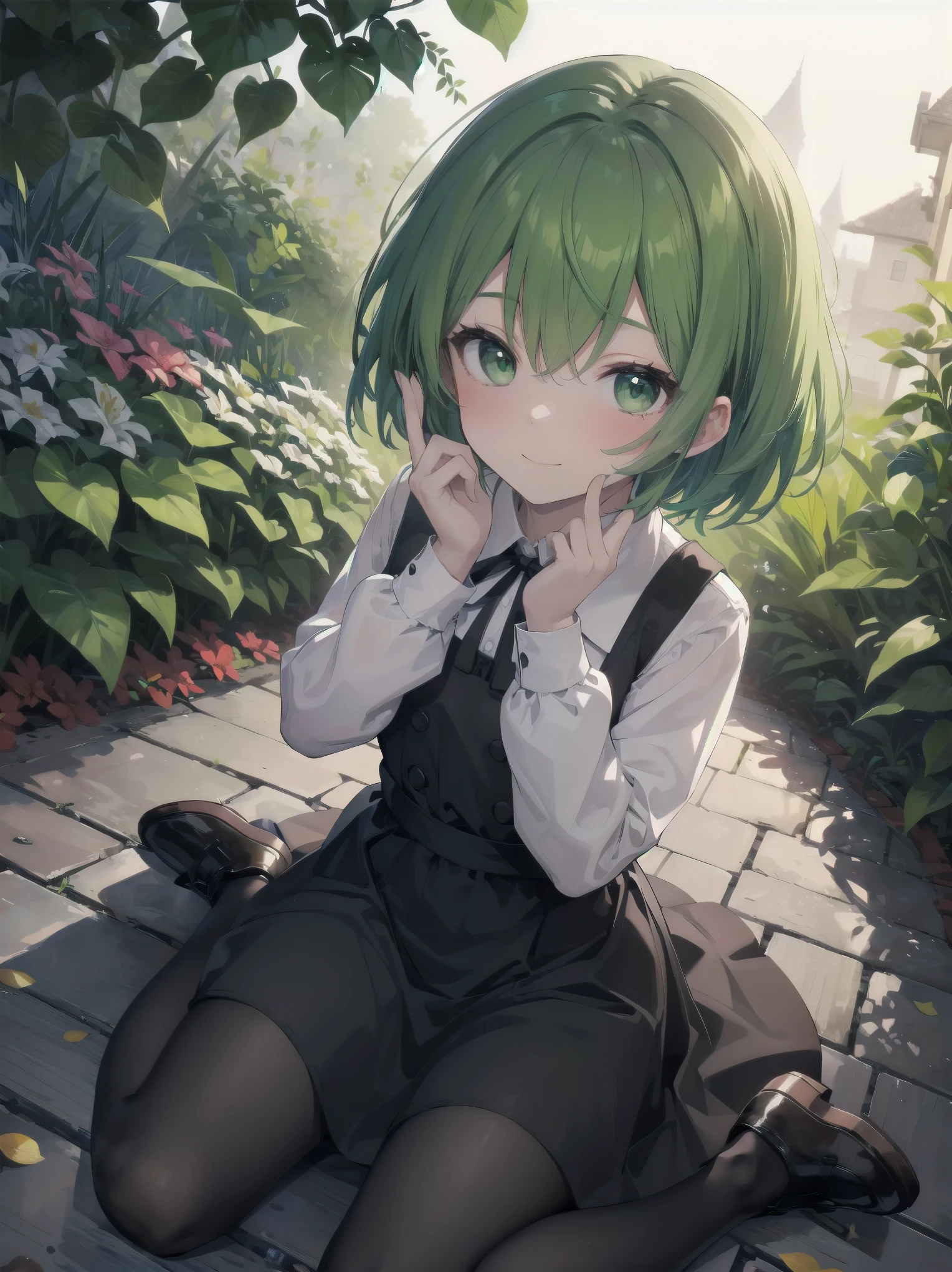 (Illustration: 1.0), Masterpiece, Top Quality,
1 girl, green hair, green eyes, short hair, bangs,
dress, black shoes, long sleeves, shirt, white shirt, pinafore dress, ribbon, black ribbon, black dress, pantyhose, neck ribbon, shoes,
Countryside, Garden, Twilight, Profile, (Wariza:1.6), (Illustration: 1.0), Masterpiece, Top Quality, Dutch Angle,
1 girl, smiling, blush (close-up of face: 1.4), from above, acting mocking gesture to viewer