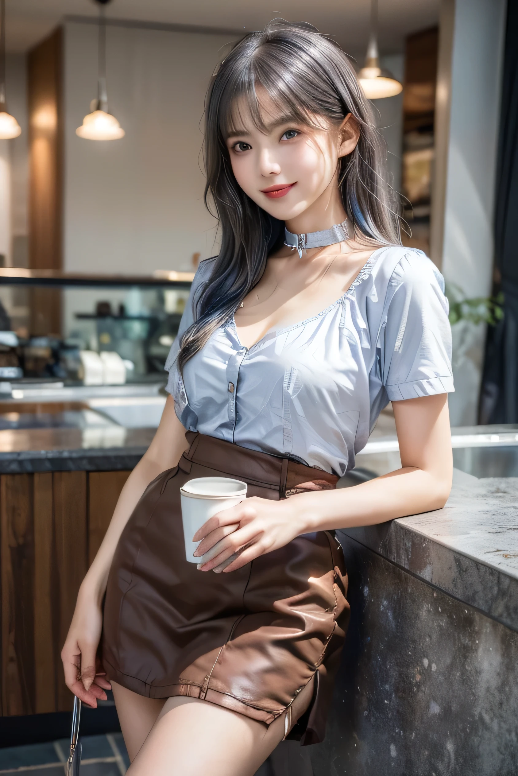 (Photorealistic:1.8, highest quality:1.8,8K masterpiece:1.8,High resolution,Mastepiece:1.8,RAW Photos,Cinematic lighting),No split screen、morning、Cafe、(A female clerk wearing a maid outfit:1.5)、(Soryu Asuka Langley)、View from the front、
(Completely naked、choker、Medium chest、Sexy maid outfit、mini skirt、Wide open chest、Beautiful thighs、Plump nipples)、
(Beautiful, shining red, blue, white, brown and silver hair:1.5)、Sparkling Blue Eyes、Fine Lines、greet、Smile、holding a coffee cup