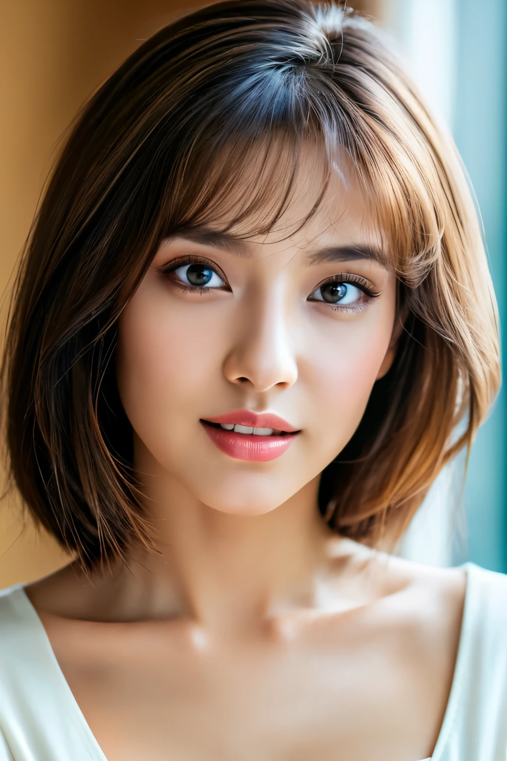 (highest quality、table top、8k、best image quality、Award-winning work)、(one young girl, 14 years old:1.3)、(Perfect V-neck red long knit sweater:1.2)、(red eyeshadow:1.2)、perfect makeup、long eyelashes、Super high-definition sparkling eyes、ultra high definition hair、ultra high resolution glossy lips、Super high resolution perfect teeth、Super high resolution cute face、brown hair、(very short straight hair:1.1)、look at me and smile、[clavicle]、accurate anatomy、(close up of face:1.5)、Luxury love hotel、(The most moody warm lighting:1.2)、blurred background、With bangs、Super high-resolution glossy and moisturized face、Super high resolutio n glowing skin、most detailed face、Ultra high resolution detailed faces、ultra high resolution hair、Fashion model 25 years old [[[[close-up]]], [[[[chest]]]], [[[[neck]]], [shoulders]]]]], Perfect eyes, Perfect iris, Perfect lips, Perfect teeth, Perfect skin, Soft front light, Glow, HDR, (Soft color: 1.2), Best quality, masterpiece, ultra high res, (photorealistic:1.37), raw photo, 1girl, long hair, beautifull eyes, beautifull face, detailed eyes and face, t-shirt, dynamic lighting, in the dark, table top, highest quality, realistic, Super detailed, finely, High resolution, 8k wallpaper, 1 beautiful woman, light brown messy hair, He is wearing an open-necked shirt., sharp focus, perfect dynamic composition, beautiful and detailed eyes, thin hair, Detailed realistic skin texture, smile, close-up portrait, model body shape, mile, close-up portrait, model body shape, body shape,cleavage, tropical beach, thin and long legs Translated with DeepL.com (free version)Top Quality, Masterpiece, (Realistic:1.2), 1 girl, detailed face, beautiful eyes, (Masterpiece:1.2, Top Quality), (fine beautiful eyes: 1. 2), (highly detailed Cg Unity 8K wallpaper, Masterpiece, Top Quality, super detailed, best shaSuper high resolution sparkling eyes、Beautiful face drawn in every detail、Super high resolution glossy red lips、big breasts、cleavage、Fashionable necklaces、camisole, 