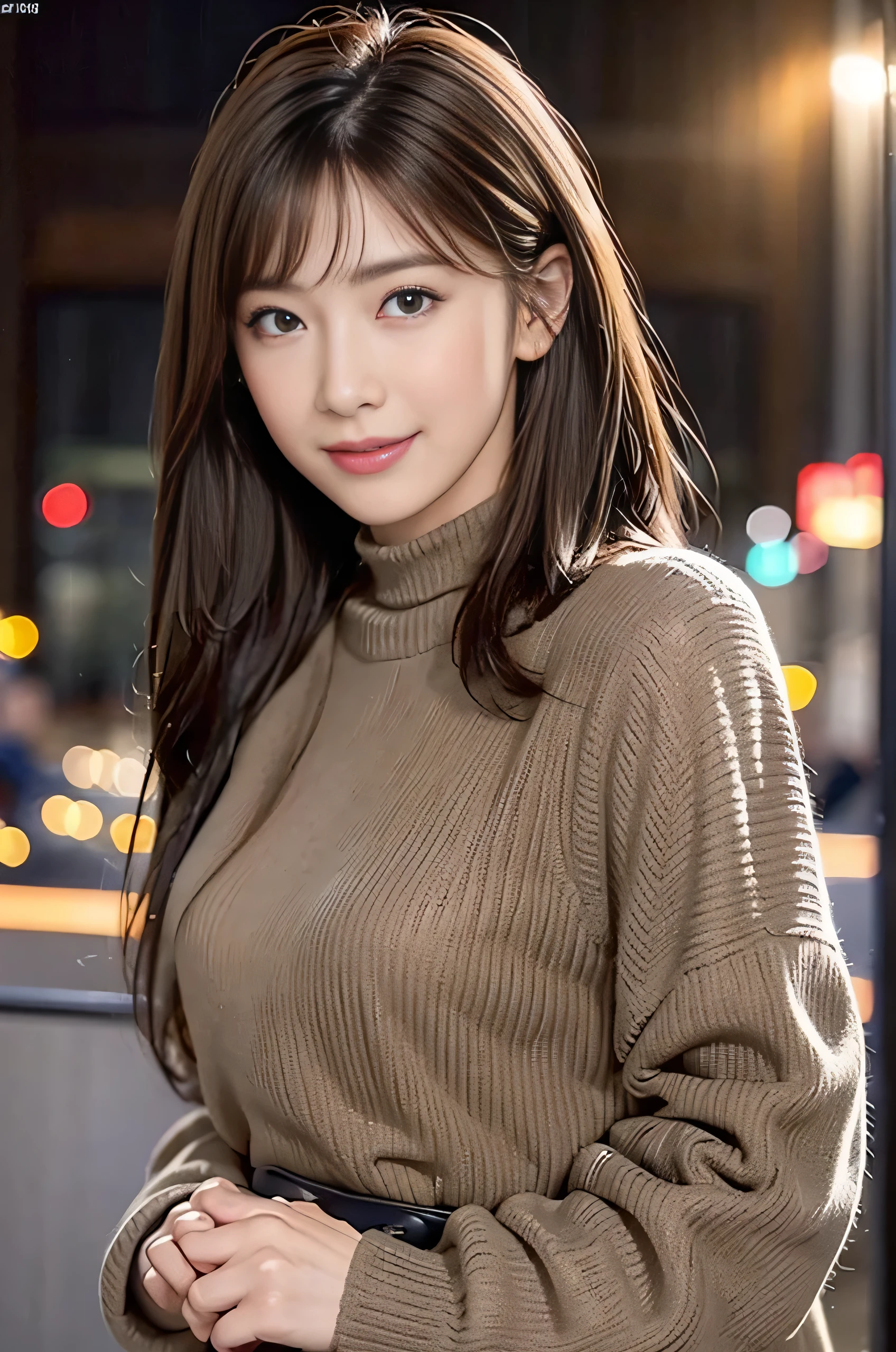 Product quality, 1 girl per photo, Cowboy Shot, Front view, Young and cute girl in Japan, Long Bob Hair, Wearing a wedding ring, At night, Smiling while looking at the London night view, He is wearing a long-sleeved leather jacket over a black knitted turtleneck sweater, Wearing denim pants, Shoulder bag, Very cute face, Glossy Lips, Double eyelids on both eyes, Natural Makeup, shiny smooth light brown hair of Long Bob Hair, Asymmetrical bangs, Sunburned skin, Center image, 8k resolution, Attention to detail, Detailed hairstyle, Detailed face, Cinema Lighting, Octane Rendering, Surreal, Perfect limbs, Perfect Anatomy