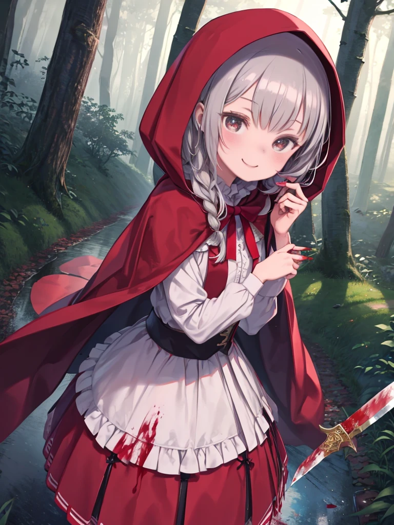 (Highest quality,4K,High resolution,masterpiece:1.2),Very detailed,Realistic:1.37,Portraiture,Dark fantasy,Red color scheme,Soft lighting,Emotional,Enchanted Forest,Ominous atmosphere,Eye-catching,Storytelling,anatomy,Anime Style,Concept Art,Beautiful detailed face and (((Red eyes ))),Flowing Hair,emotional expression,Jewelry crafted with attention to detail,A cape with an intricate pattern,Strong gaze,Feathered Cape,Subtle Shadows,Dynamic pose,Great composition,Mysterious Background,Natural elements,Moonlit Night,wood々The wind blowing between,Eerie presence,Reveal personality strengths and weaknesses,A striking contrast between the red cape and its surroundings,Fascinating story,Rich texture,Depth and Dimension,Highlight the charm and resilience of your characters. (((little red riding hood))), (Blood splatter:1.5)