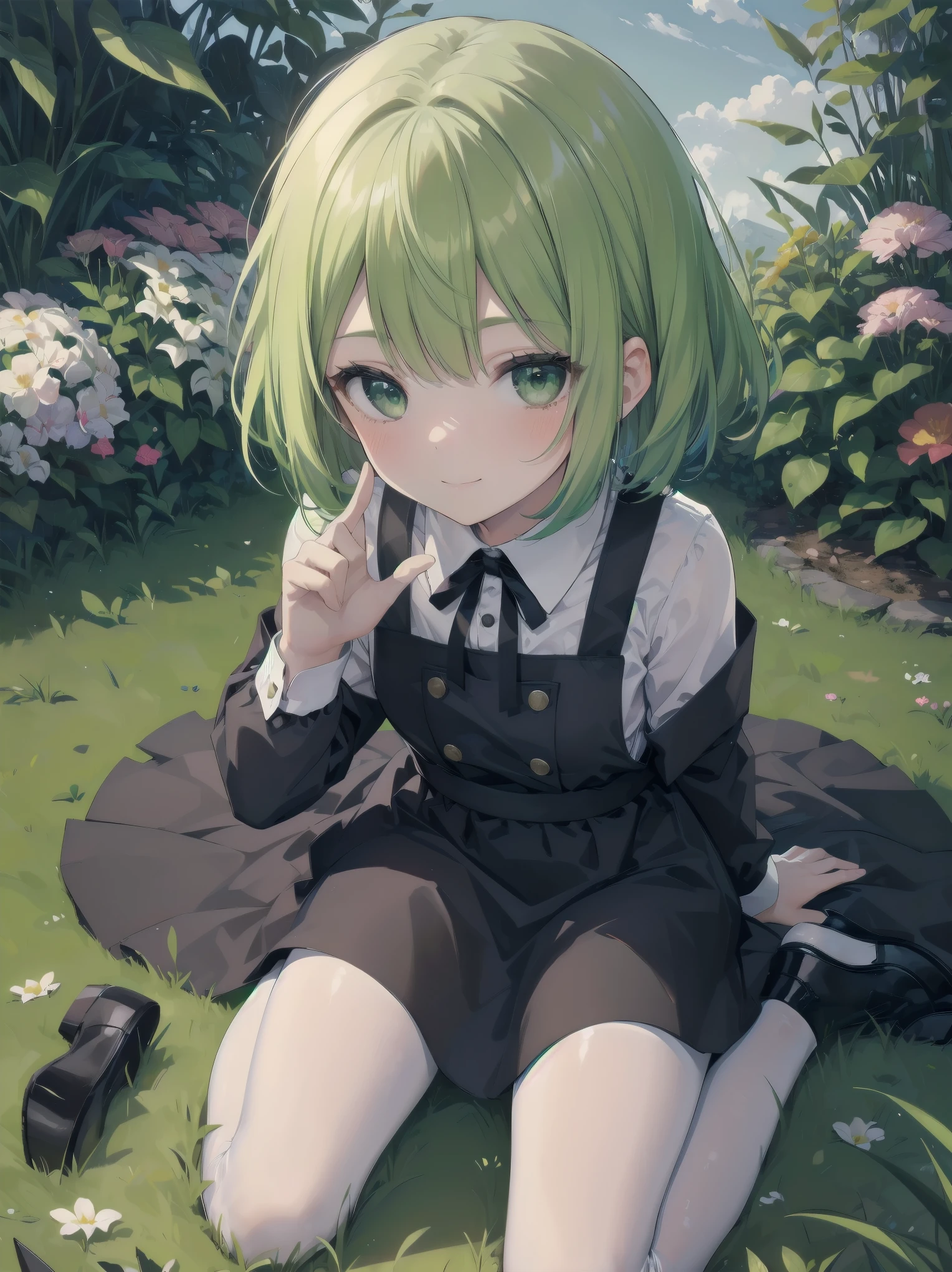 (Illustration: 1.0), Masterpiece, Top Quality,
1 girl, green hair, green eyes, short hair, bangs,
dress, black shoes, long sleeves, shirt, white shirt, pinafore dress, ribbon, black ribbon, black dress, pantyhose, neck ribbon, shoes,
Countryside, Garden, Twilight, Profile, (Wariza:1.6), (Illustration: 1.0), Masterpiece, Top Quality, Dutch Angle,
1 girl, smiling, blush (close-up of face: 1.4), from above, acting mocking gesture to viewer