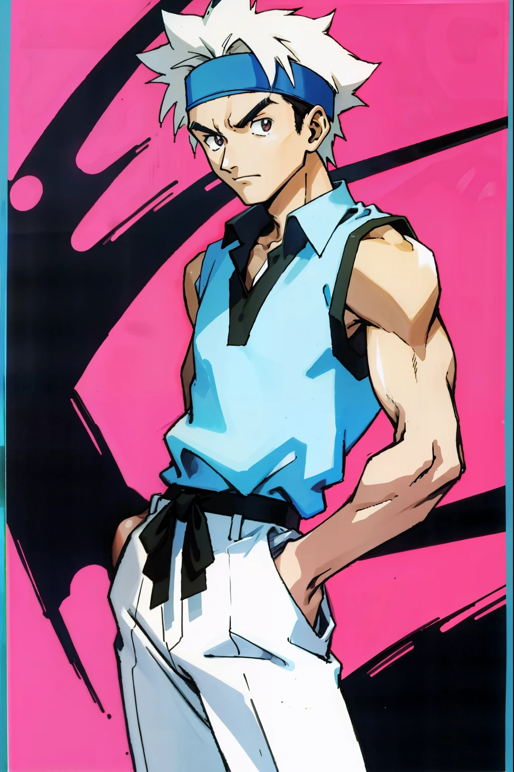 by Ken Sugimori, sugimori 1990s, ((only 1man)), older man, muscular, white sleeveless shirt with a collar, business suit, headband, ((hands behind their back)), full black pupils, manga, best quality, highly detailed, clean lines, cowboy shot, good hands, good eyes, hd, 8k, professional, symmetrical, hires, 8k,
