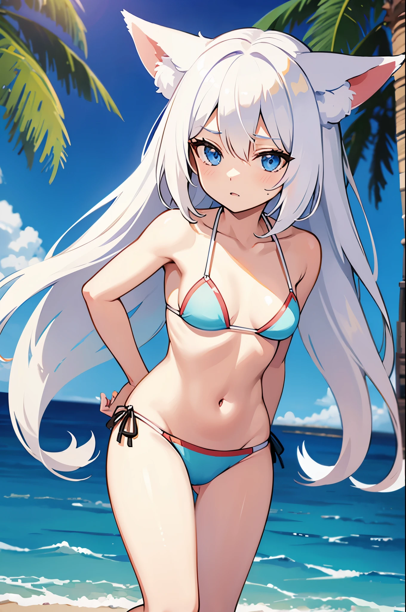white hair, bang, fox ears, blue eyes, long hair, cherry, bikini, small breast, beach, young, chibi