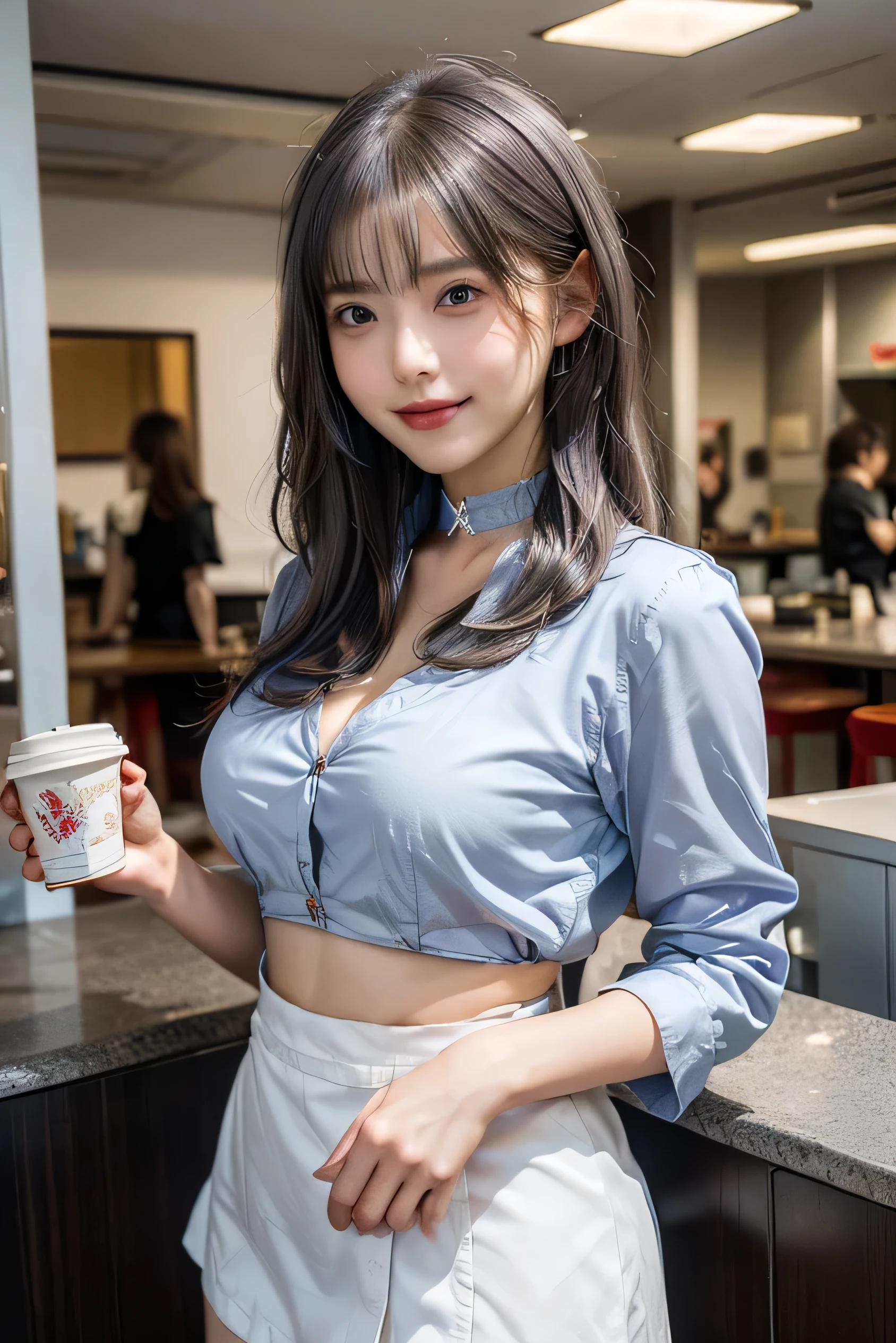 (Photorealistic:1.8, highest quality:1.8,8K masterpiece:1.8,High resolution,Mastepiece:1.8,RAW Photos,Cinematic lighting),No split screen、morning、maid Cafe、(A female clerk welcoming customers:1.5)、(Soryu Asuka Langley)、View from the front、
(Completely naked、choker、Medium chest、Sexy maid outfit、mini skirt、Wide open chest、Beautiful thighs、Plump nipples)、
(Beautiful, shining red, blue, white, brown and silver hair:1.5)、Sparkling Blue Eyes、Fine Lines、greet、Smile、holding a coffee cup