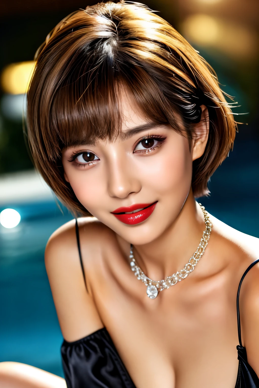 (highest quality、table top、8k、best image quality、Award-winning work)、(one young girl, :1.3)、(Perfect no-sleeve:1.2)、super sexy, perfect makeup、long eyelashes、Super high-definition sparkling eyes、ultra high definition hair、ultra high resolution glossy lips、Super high resolution perfect teeth、Super high resolution cute face、brown hair、(very short straight hair:1.1)、look at me and smile、[clavicle]、accurate anatomy、(close up of face:1.1)、Luxury love hotel、(The most moody warm lighting:1.2)、blurred background、With bangs、Super high-resolution glossy and moisturized face、Super high resolution glowing skin、most detailed face、Ultra high resolution detailed faces、ultra high resolution hair、Super high resolution sparkling eyes、Beautiful face drawn in every detail、Super high resolution glossy red lips、big breasts、cleavage、Fashionable necklaces、camisole