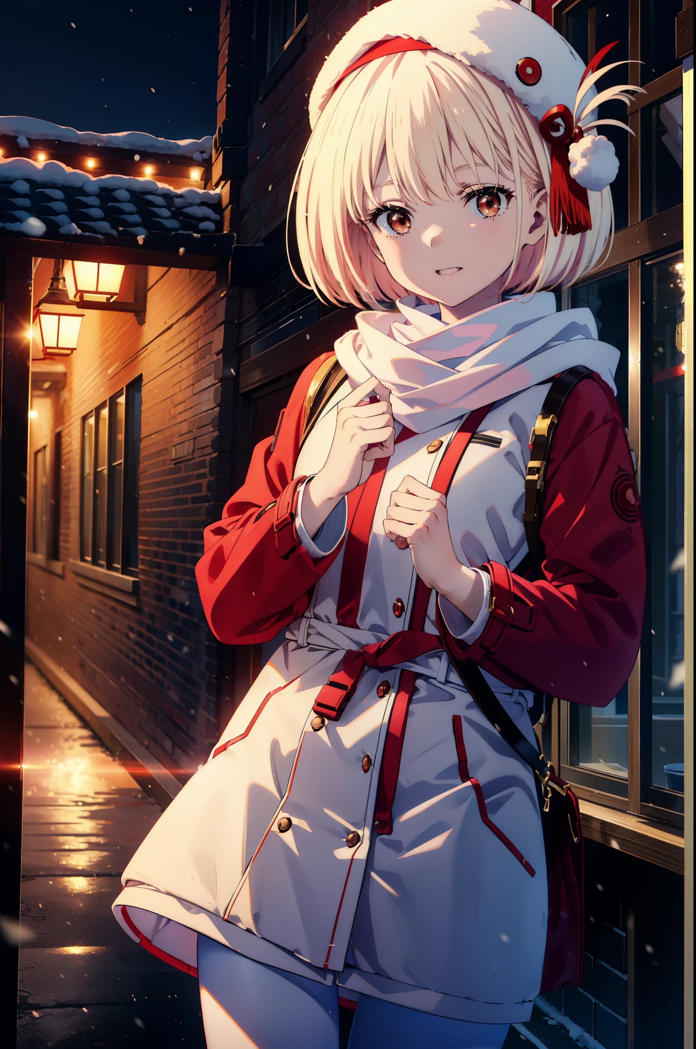 chisatonishikigi, nishikigi chisato,Short Hair , bangs, blonde,Bobcut (Red eyes:1.5),happy smile, smile, Open your mouth,Red oversized coat,White knit hat,White scarf,White Sweater,Shorts,White pantyhose,sneakers,Shirogane World,Snow is piling up,it's snowing,it's snowing,winter,Cold Sky,morning,morning陽,The sun is rising,
break looking at viewer, whole body, Upper Body,(Cowboy Shot:1. 5)
break outdoors, In town,Building district,
break (masterpiece:1.2), highest quality, High resolution, unity 8k wallpaper, (figure:0.8), (Beautiful fine details:1.6), Highly detailed face, Perfect lighting, Highly detailed CG, (Perfect hands, Perfect Anatomy),