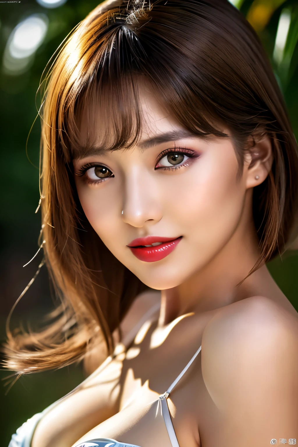 (highest quality、table top、8k、best image quality、Award-winning work)、(one young girl, :1.3)、no sleeve, (red eyeshadow:1.2)、perfect makeup、long eyelashes、Super high-definition sparkling eyes、ultra high definition hair、ultra high resolution glossy lips、Super high resolution perfect teeth、Super high resolution cute face、brown hair、(very short straight hair:1.1)、look at me and smile、[clavicle]、accurate anatomy、(close up of face:1.5)、Luxury love hotel、(The most moody warm lighting:1.2)、blurred background、With bangs、Super high-resolution glossy and moisturized face、Super high resolutio n glowing skin、most detailed face、Ultra high resolution detailed faces、ultra high resolution hair、Fashion model 25 years old [[[[close-up]]], [[[[chest]]]], [[[[neck]]], [shoulders]]]]], Perfect eyes, Perfect iris, Perfect lips, Perfect teeth, Perfect skin, Soft front light, Glow, HDR, (Soft color: 1.2), Best quality, masterpiece, ultra high res, (photorealistic:1.37), raw photo, 1girl, long hair, beautifull eyes, beautifull face, detailed eyes and face, t-shirt, dynamic lighting, in the dark, table top, highest quality, realistic, Super detailed, finely, High resolution, 8k wallpaper, 1 beautiful woman, light brown messy hair, He is wearing an open-necked shirt., sharp focus, perfect dynamic composition, beautiful and detailed eyes, thin hair, Detailed realistic skin texture, smile, close-up portrait, model body shape, mile, close-up portrait, model body shape, body shape,cleavage, tropical beach, thin and long legs Translated with DeepL.com (free version)Top Quality, Masterpiece, (Realistic:1.2), 1 girl, detailed face, beautiful eyes, (Masterpiece:1.2, Top Quality), (fine beautiful eyes: 1. 2), (highly detailed Cg Unity 8K wallpaper, Masterpiece, Top Quality, super detailed, best shaSuper high resolution sparkling eyes、Beautiful face drawn in every detail、Super high resolution glossy red lips、big breasts、cleavage、Fashionable necklaces、camisole, 