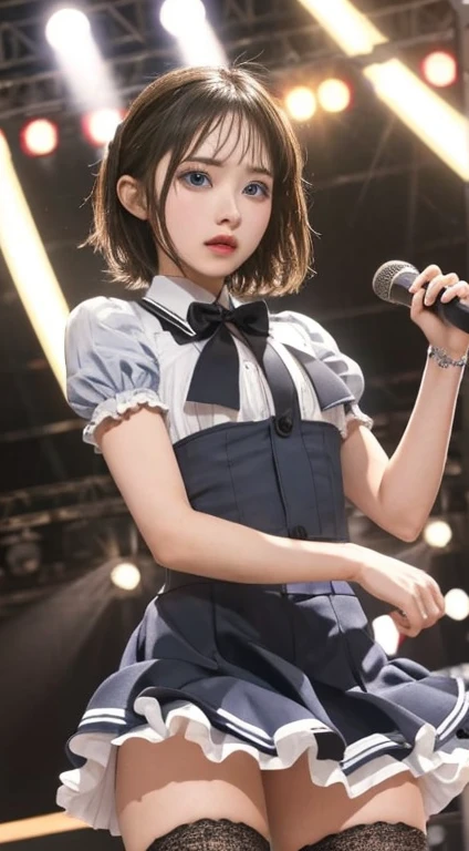 masterpiece, highest quality, Absurd, Perfect Anatomy, One girl, alone, Ronnier Allabelle, short hair, blue eyes, Idol, Idol uniform, bow tie, skirt, brooch, dress, concert, on stage, frilled skirt, jewelry, layered dress, Short sleeve, ((abdomen)), Knee socks, microphone, holding microphone, Stage lighting、(I can see her panties,Panty shot)