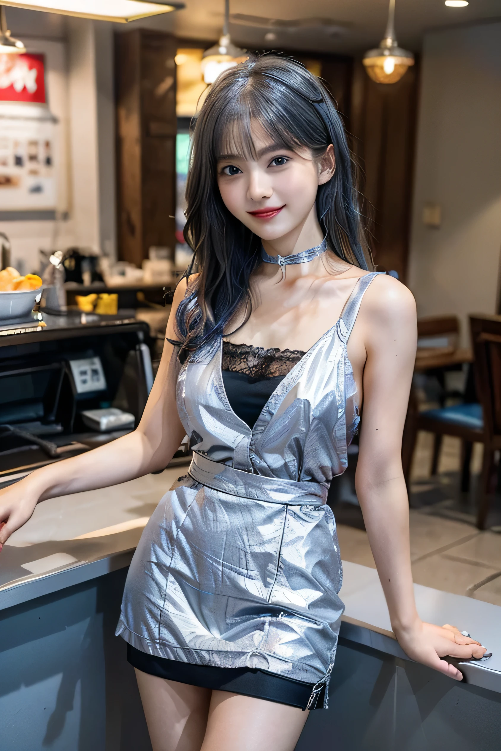 (Photorealistic:1.8, highest quality:1.8,8K masterpiece:1.8,High resolution,Mastepiece:1.8,RAW Photos,Cinematic lighting),No split screen、morning、maid Cafe、（A female clerk welcoming customers:1.5)、(Soryu Asuka Langley)、View from the front、 （Completely naked、choker、Medium chest、Sexy maid outfit、mini skirt、Wide open chest、Beautiful thighs、Plump nipples）、 (Beautiful, shining red, blue, white, brown and silver hair:1.5)、Sparkling Blue Eyes、Fine Lines、greet、Smile、holding a coffee cup
