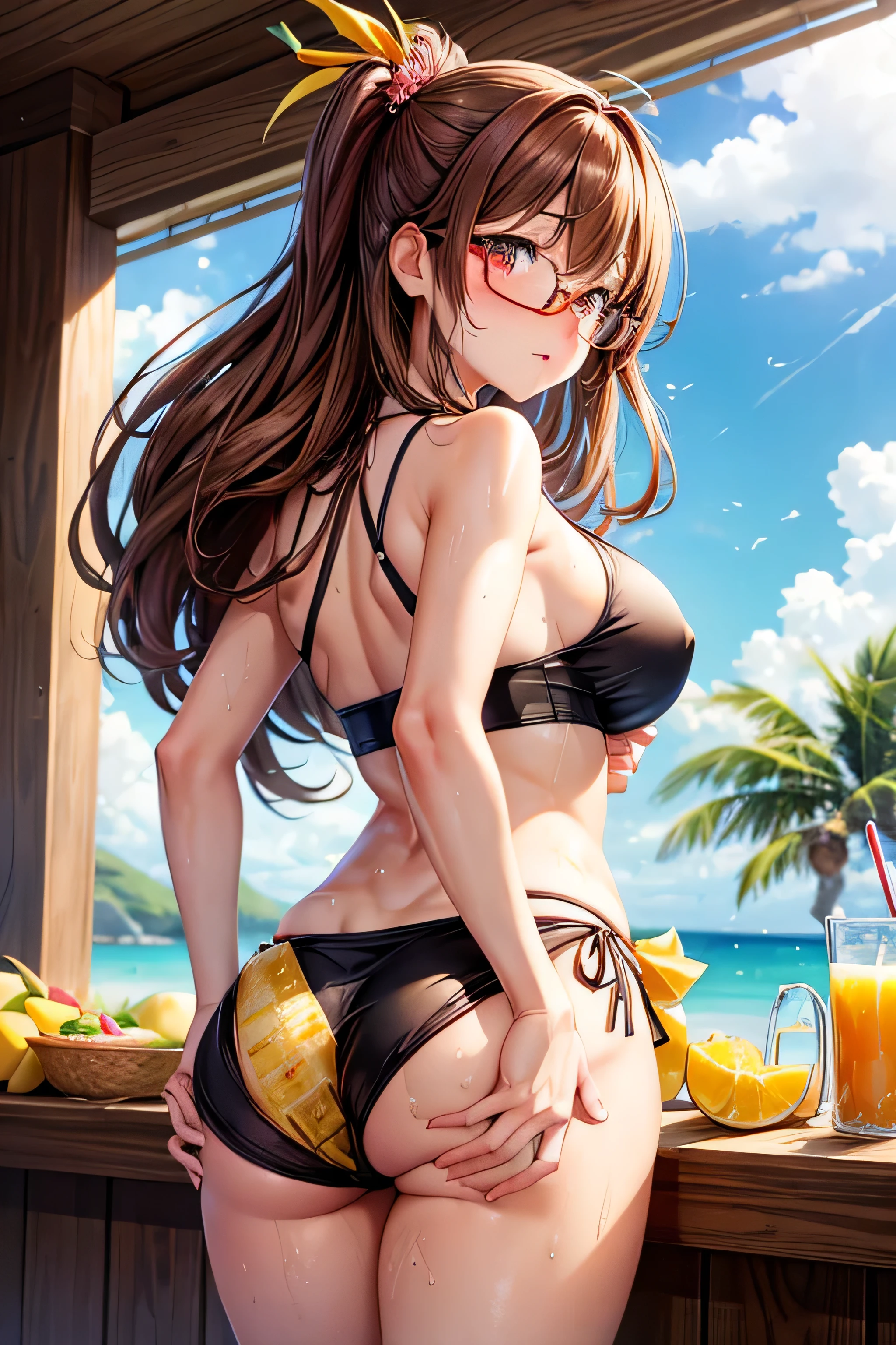 High resolution, high quality, One girl, Anime Girls,Brown long hair, Brown eyes, Pink Glasses,heart shaped pupils,Sunburned skin, Large Breasts,beautiful breasts,pointy breasts,long nipples,(Big Ass),beautiful ass,Embarrassed,Tank Top,highleg waitress,lower body,sweat,wet,open legs,cherryblossom,at cafe,(lemon juice),(orange juice),(Pineapple juice),(Mango juice),(water),