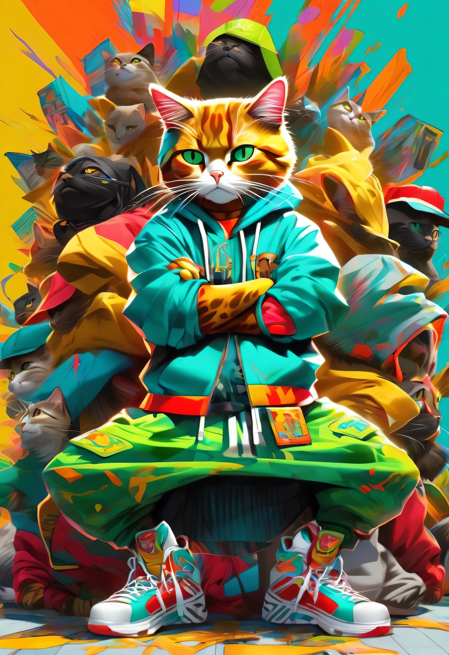 (big picture, rapper cat:1.5, crossed arms pose, typical rapper pose, rapper clothing, colors, green, red, yellow, orange, cyan, masterpiece, hyper-detailed, sharp focus, vibrant colors, artwork:1.2)