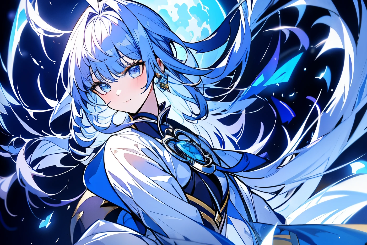 Manga characters stand on city streets in full costumes, inspired by Hong Ren's portrait, popular in CG society, dau-al-set, moon-themed costumes, silver ice reflective armor, blue accent costumes, Koqing from Genshin Impact, Ayaka Genshin Impact, blue and ice silver armor