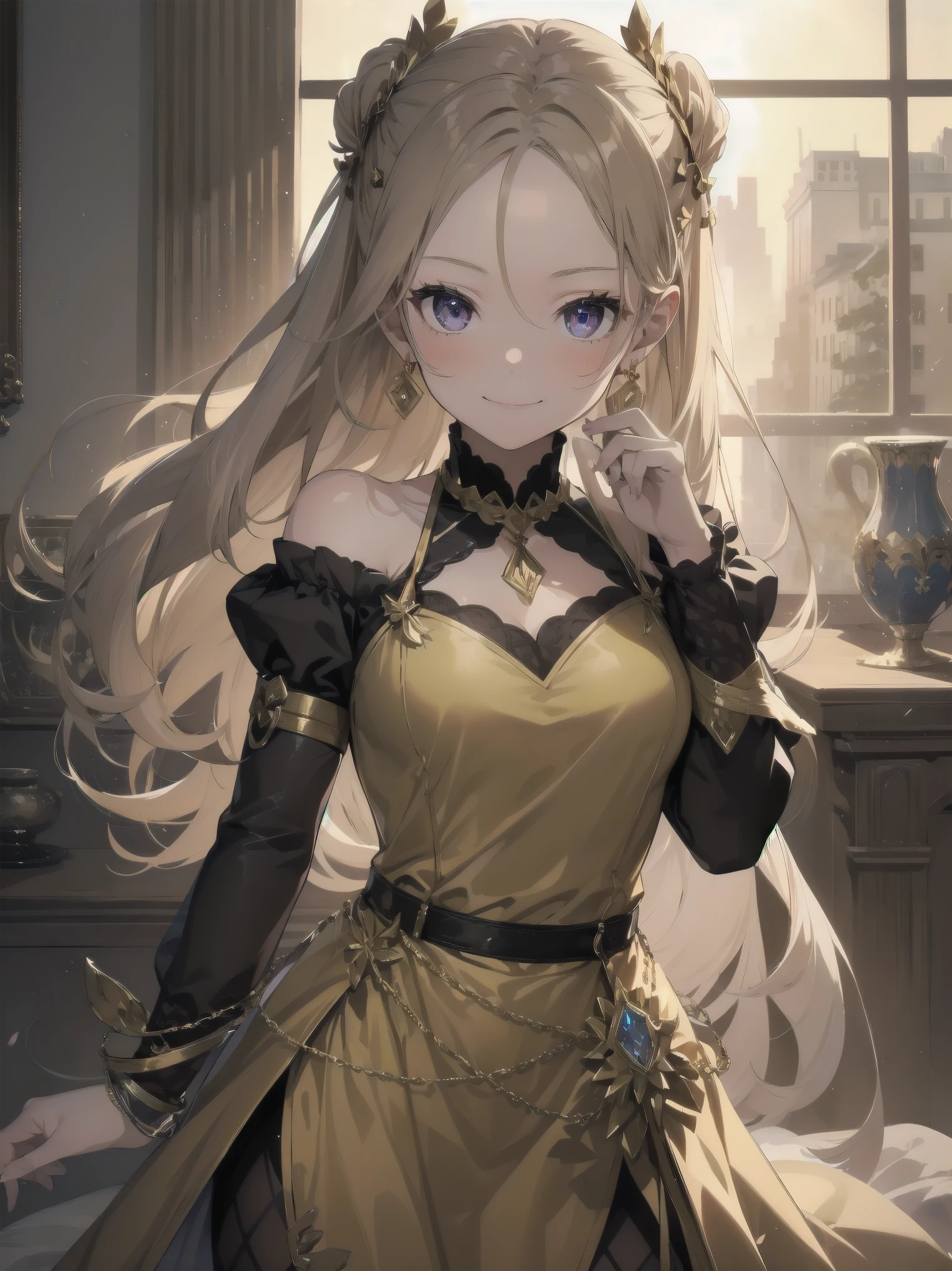 1girl, 11 years old, smile, looking at viewer, solo, gold dress, jewelry, bracelet, earring, detached sleeves, forehead, long hair, palace
