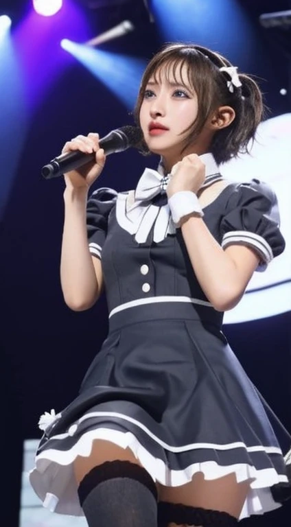 masterpiece, highest quality, Absurd, Perfect Anatomy, One girl, alone, Ronnier Allabelle, short hair, blue eyes, Idol, Idol uniform, bow tie, skirt, brooch, dress, concert, on stage, frilled skirt, jewelry, layered dress, Short sleeve, ((abdomen)), Knee socks, microphone, holding microphone, Stage lighting、(I can see her panties,Panty shot)