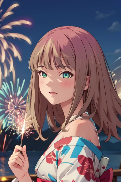 masterpiece, best quality, ultra detailed, highres, extremely detailed CG unity 8k wallpaper, perfect lighting, very detailed background, beautiful and aesthetic,sharp focus, perfect face, dynamic pose, dynamic angle,
1girl, upper body, (portrait:1.1), multicolored yukata, kanzashi, looking at viewer, full-face blush, from side, from below, smile,
night, dark sky, misty lake, mountainous horizon, break,aerial fireworks, (Full of sky fireworks:1.2),
Shoulder Bare、Off the shoulder、(Holding a handheld firework:1.2)、