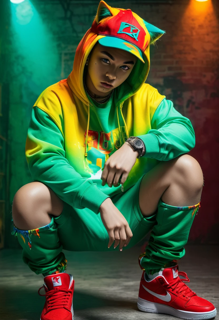 (big picture, rapper cat:1.5, crossed arms pose, typical rapper pose, rapper clothing, colors, green, red, yellow, orange, cyan, masterpiece, hyper-detailed, sharp focus, vibrant colors, artwork:1.2)