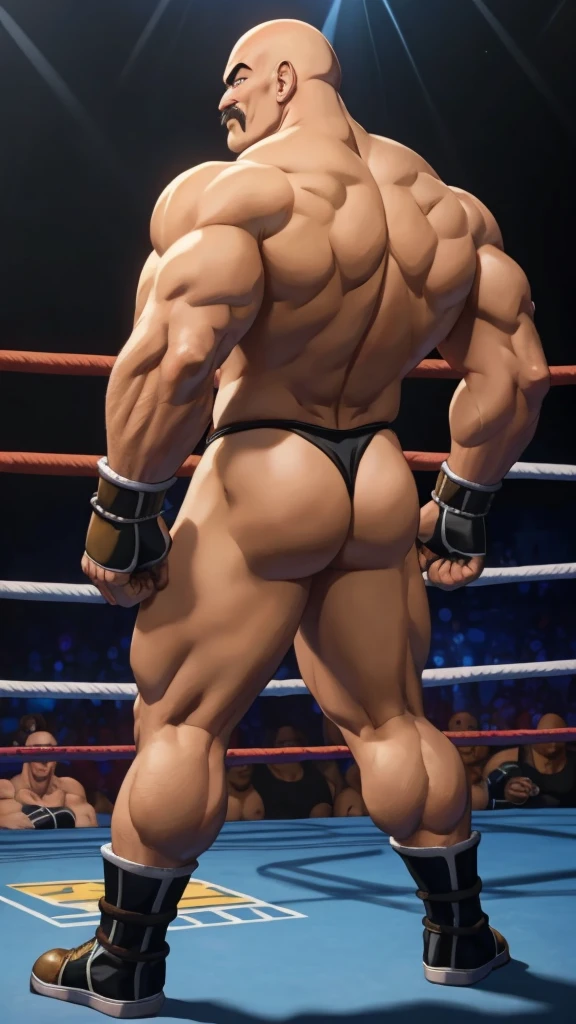 nappa, male focus, solo, 1boy, bald , muscular male, bulk , abs ,black vambraces, veins, pectorals, thighs, black eyes , mustache, (( black micro-thongs )) , tail around waist, (best quality, masterpiece) , full body , SFW , black boots , dark skin , backside , boxing gloves , boxing ring