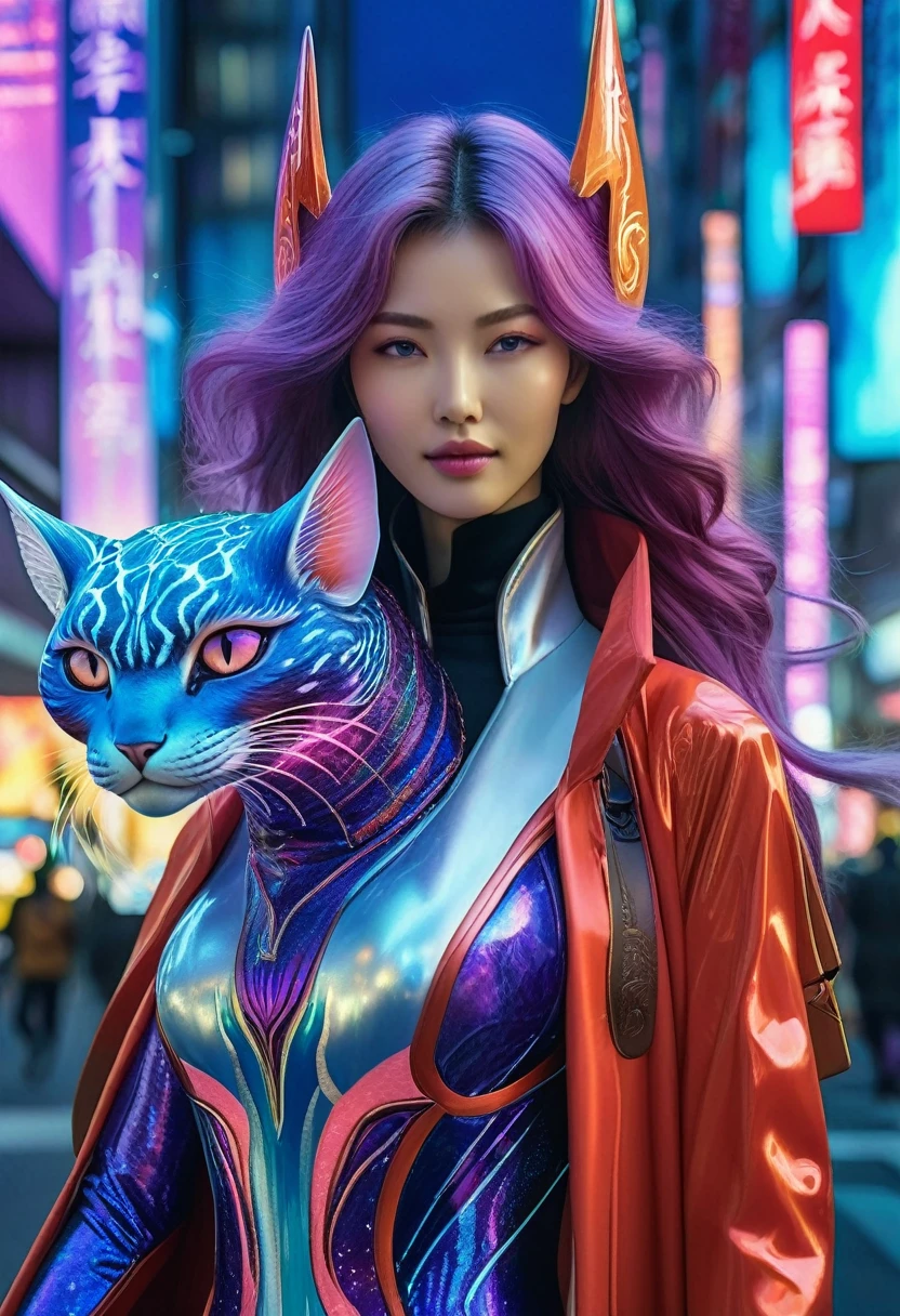 (best quality,4k,highres),(realistic,photorealistic:1.37),(Yoshitaka Amano style:1.1) A woman and her guardian familiar, mystical creature,otherworldly being,enchanting companions,wearing stylish futuristic clothes,inspired by Phantasy Star Online, graceful poses, (The woman, with her eyes brightly colored and her facial features elegantly detailed, adding to her allure. Dressed in elegant casual clothes with a stylish futuristic coat.), (She is accompanied by a guardian, a mystical humanoid with exquisite anatomical features. The humanoid's presence adds a sense of wonder and magic to the scene.), (The woman and her companion stand in a vibrant and bustling city, a modern metropolis with bustling streets, and vibrant signs. The colors are vibrant, with a mixture of blues, purples, and pale reds creating a dreamlike atmosphere.), (The lighting is soft but illuminating, casting a gentle glow on both the woman and the creature.), (The overall composition has a realistic and photorealistic quality, capturing the essence of the scene in intricate detail.), (The art style is inspired by Yoshitaka Amano, known for his ethereal and otherworldly illustrations. The combination of realistic elements with the artist's unique style creates a captivating and visually stunning image.)