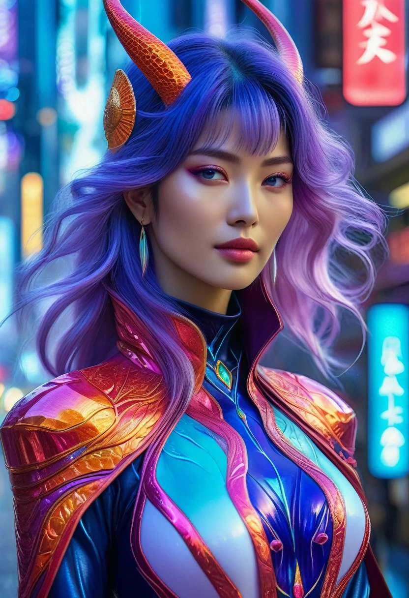 (best quality,4k,highres),(realistic,photorealistic:1.37),(Yoshitaka Amano style:1.1) A woman and her guardian familiar, mystical creature,otherworldly being,enchanting companions,wearing stylish futuristic clothes,inspired by Phantasy Star Online, graceful poses, (The woman, with her eyes brightly colored and her facial features elegantly detailed, adding to her allure. Dressed in elegant casual clothes with a stylish futuristic coat.), (She is accompanied by a guardian, a mystical humanoid with exquisite anatomical features. The humanoid's presence adds a sense of wonder and magic to the scene.), (The woman and her companion stand in a vibrant and bustling city, a modern metropolis with bustling streets, and vibrant signs. The colors are vibrant, with a mixture of blues, purples, and pale reds creating a dreamlike atmosphere.), (The lighting is soft but illuminating, casting a gentle glow on both the woman and the creature.), (The overall composition has a realistic and photorealistic quality, capturing the essence of the scene in intricate detail.), (The art style is inspired by Yoshitaka Amano, known for his ethereal and otherworldly illustrations. The combination of realistic elements with the artist's unique style creates a captivating and visually stunning image.)