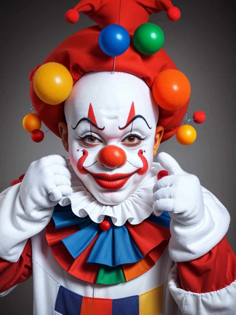 Clean background, picture proportion coordination, (white face clown :1.5), wearing a colorful knitted texture hat, highly detailed hat, full-body shot, realistic style, (face thickly painted white), red mouth, (nose wearing red sponge ball), movie light effect, funny action, (Happy clown), looking at the audience, white gloves, holding a black magic wand, Clown costume, red big head plush shoes, highest quality, master art, masterpiece, (with very high artistic viewing), 4K quality,