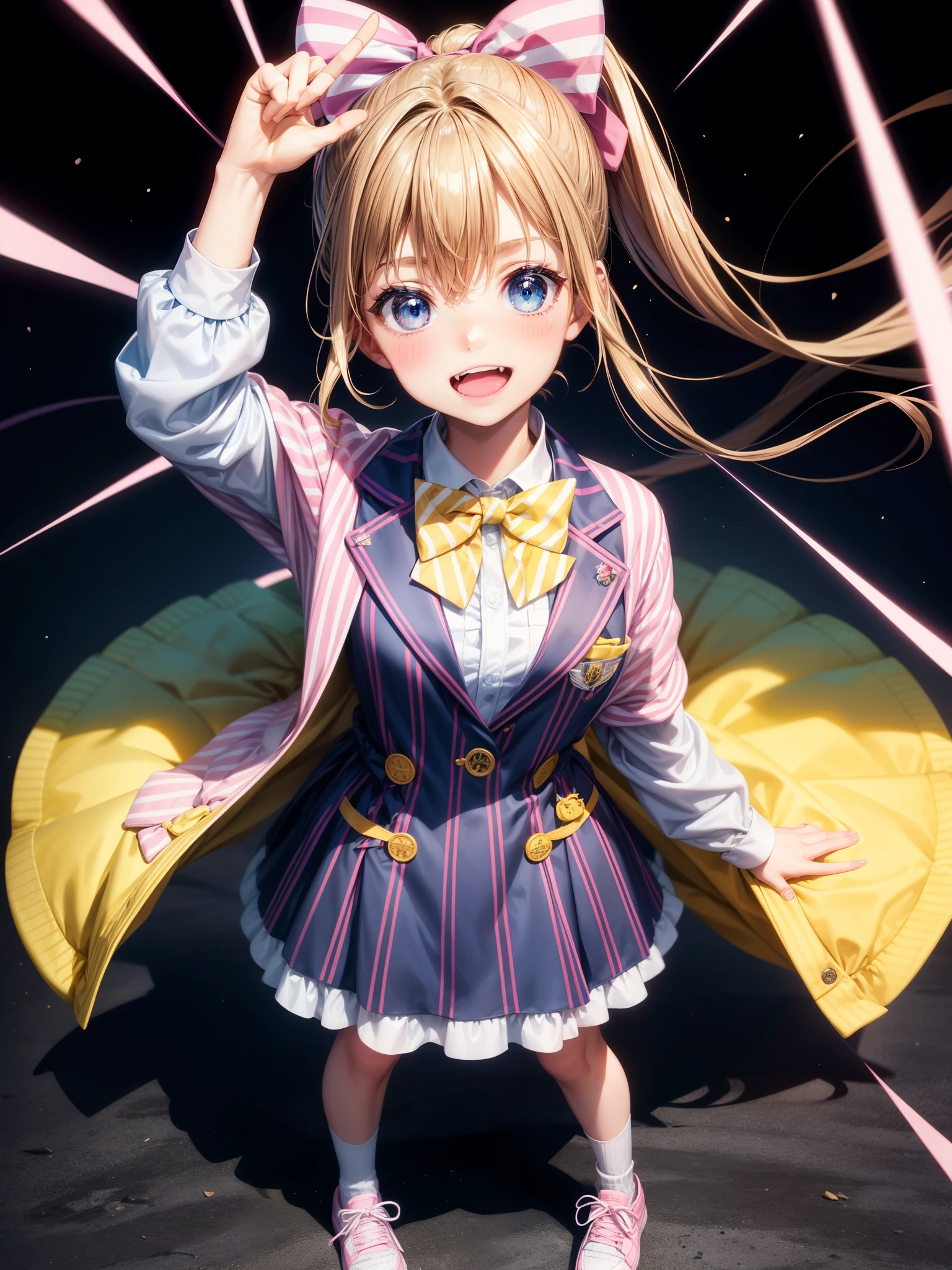 1girl, solo, bow, striped bow, brown hair, shoes, open mouth, blue eyes, striped, jacket, smile, hair bow, blue jacket, fang, pink bow, long sleeves, :d, black background, full body, arm up, bangs, looking at viewer, simple background, socks, bowtie, yellow bow, pink bowtie, standing, ponytail, yellow socks, dress, striped bowtie, hand up, hair between eyes, blush, sneakers, white dress, clenched hand, waving, open jacket, high ponytail 