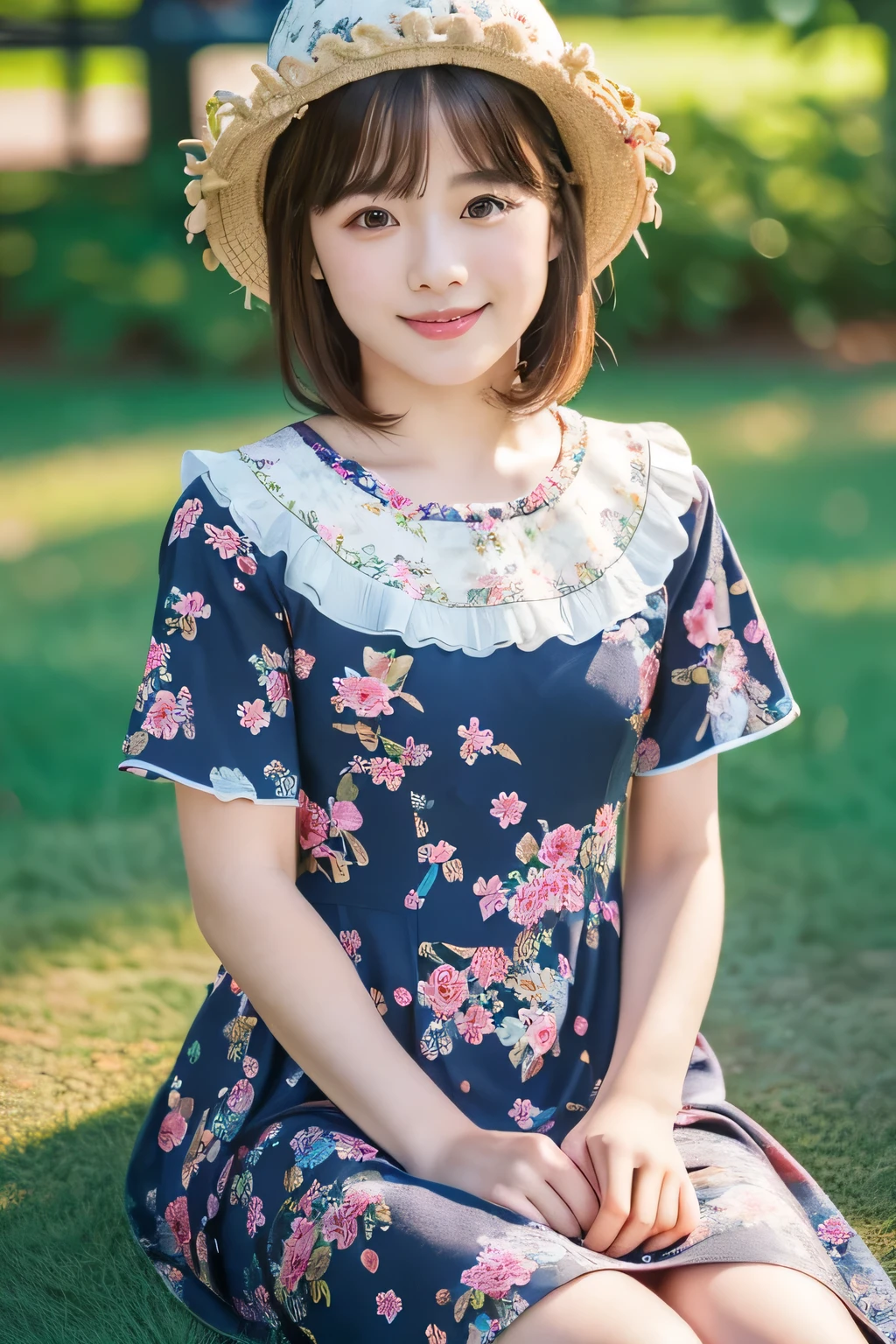 (Playing in the park:1.5)、(Full-body photo:1.5)、(Cute hat、Floral dress:1.5)、highest quality, Photorealistic, Very detailed, finely, High resolution, 8K Wallpaper, Professional, High level of detail, (( girl:1.2)), Pretty lips, (Beautiful long lashes:1.2)、 (Cute short bob hair:1.5),Top Quality,(Child's body shape:1.5)、Uclear resolution,Clear Eyes,Sunburned skin,Perfect small breasts,have perfect legs,(An innocent smile:1.5)、