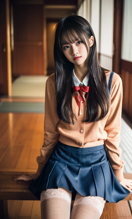 Ulzzang-6500-v1.1, (RAW Photos:1.2), (Realistic:1.4), beautiful detailed girl, Very detailed eyes and face, beautiful detailed eyes, beautiful, incredibly beautiful, Large file size, Very detailed, High resolution, Very detailed, highest quality, masterpiece, Kemomimi, ((Japanese high school girls uniform)), figure, Very detailed, CG, Unified, 8k wallpaper, wonderful, Fine details, masterpiece, highest quality, Very detailed CG uniform 8k wallpaper, Face Light, Cinema Lighting, One girl, 16 years old, ((Any pose))), (half), (pantyhose)), ((Sit with your knees bent and your legs bent))、(Leg spread、Spread your legs,Show inside the skirt、Show a little panties)
