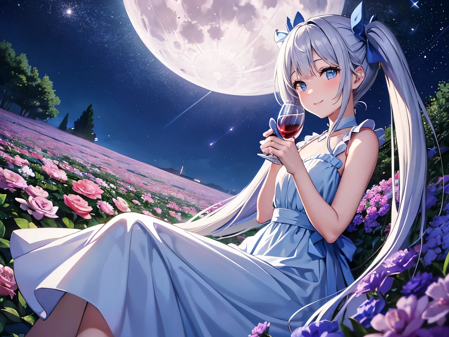 Brilliant　Flower Garden　Wine Party　Light blue long hair　Beautiful girl with twin tails　Long dress　A lot of beautiful girls　Drinking wine　All the lovely smiles　Moonlit Night　Big Moon　shooting star　milky way