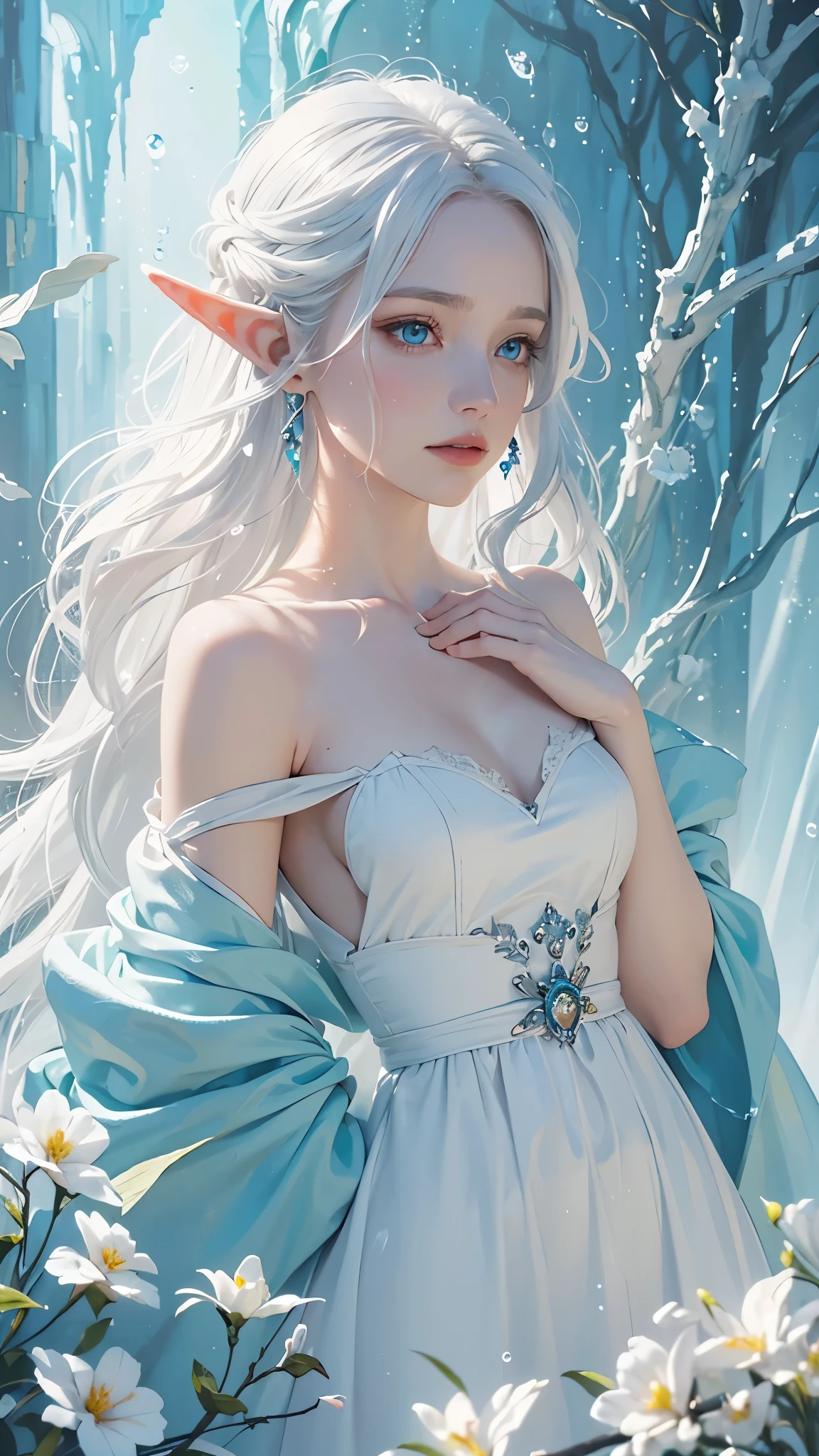 emotional oil paiting of a elf, white haired, vivid blue eyes, chiascuro style, elegance,(oil painting:1.4), hope, feelings, inspirationg, dramatic lighting, soft lighting, diffused lighting, earings, expressive eyes, beautiful expression, wearing a dress, long hair, between flowers, magical, eeri, cream, artistic, evocative, emotional, tender, gentle, particles, magical, glow, beautiful simle dress, long hair,waterdrops, bobbles, leafs, (beautiful eyes, perfect face)