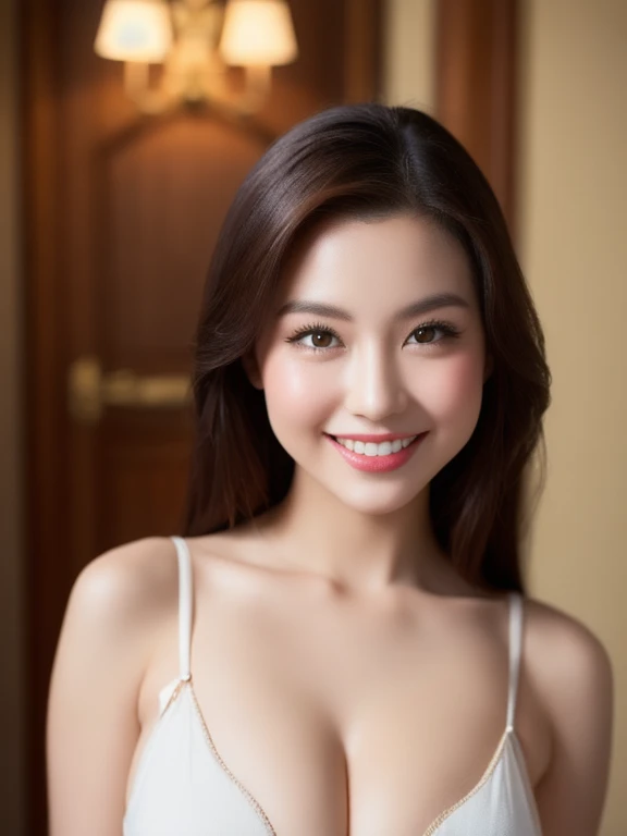 (realistic、masterpiece、Best Quality、8K、highres、high resolution:1.3)、1 girl、 Huge breasts、(smile,CLOSED MOUTH:1.3), white bikini、pale white skin、looking at viewers、super fine face and eyes、long hair、indoor、 upper body、