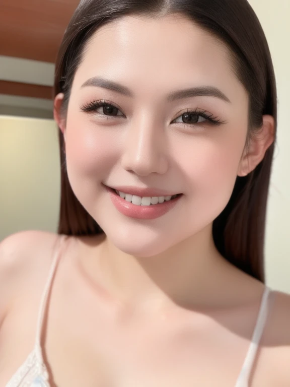 (realistic、masterpiece、Best Quality、8K、highres、high resolution:1.3)、1 girl、 Huge breasts、(smile,CLOSED MOUTH:1.3), white bikini、pale white skin、looking at viewers、super fine face and eyes、long hair、indoor、 upper body、
