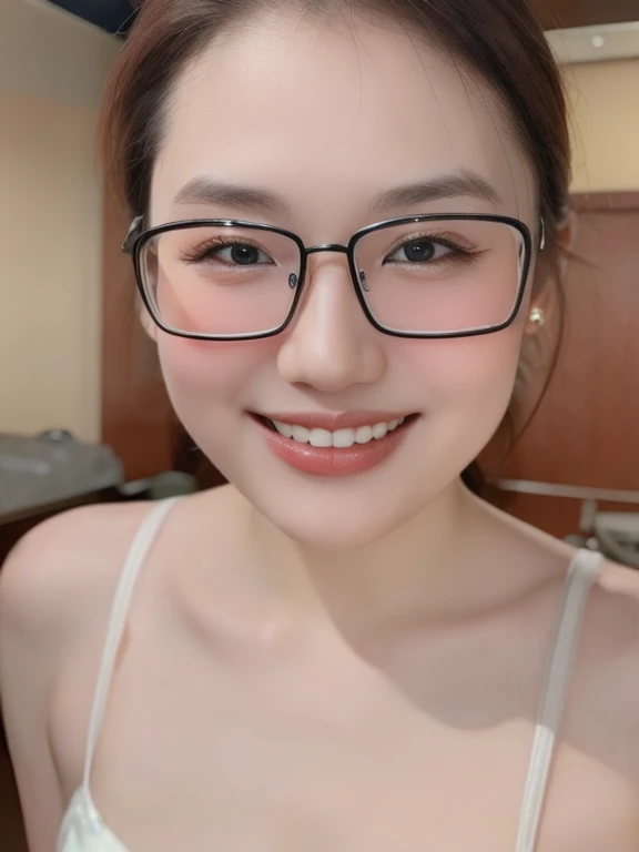 (realistic、masterpiece、Best Quality、8K、highres、high resolution:1.3)、1 glasses girl、 Huge breasts、smile, white bikini、pale white skin、looking at viewers、super fine face and eyes、long hair、indoor、 upper body、
