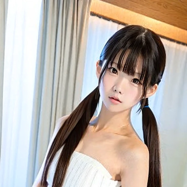(masterpiece, best quality:1.2), 1girl, solo, solo girl, A very realistic 18 year old young Japanese girl with petite body, skinny body, nubile body, long black hair with fringe and two loose long pigtails, sweet and angelic face, thin and upturned nose, highly detailed light brown eyes, long eyelashes, highly detailed lips, thin beautiful lips, Nyarome Nia, perfect lips, perfect mouth