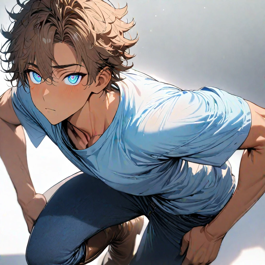1 man, solo, tall, masculine, teen, handsome, light tan, brown hair, short hair, messy hair, bright blue eyes, light blue t-shirt, darker blue jeans, tuck-in t-shirt, brown boots, plain background, white background, blur background, masterpiece, best quality, high resolution, (extremely detailed eyes), 8k,