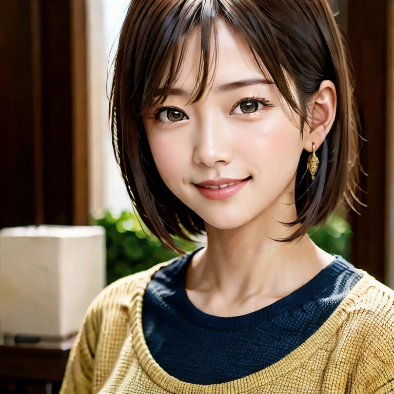 (masterpiece, best quality:1.2, photo realistic,8k), 1girl, (solo), (shinny brunette short hair), smile, T-shirt, (portrait)