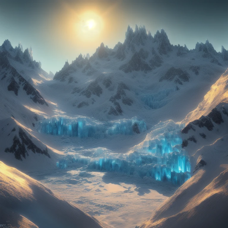 mountains with ice and snow are shown in this image, industrial futuristic ice mine, inspired by Mike Winkelmann, with a snowy mountain and ice, extravagant matte painting, luminescent matte painting, glowing crystal cave, inspired by Michal Karcz, golden mountain in the desert, icy mountains, glacier, surreal frozen landscape, elaborate matte painting,mountains and icebergs in a vast expanse of snow, icy mountains, surreal frozen landscape, rendered in redshift, gorgeous 3d render, ice mountains in the background, ice mountains afar, marc adamus, stuning fantasy 3 d render, by Alexander Kucharsky, inspired by Mike Winkelmann, glacier landscape, impressive fantasy landscape, beautiful render of a landscape