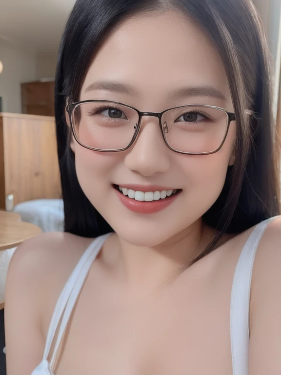 (realistic、masterpiece、Best Quality、8K、highres、high resolution:1.3)、1 glasses girl、Huge breasts、smile, white bikini、pale white skin、looking at viewers、super fine face and eyes、long hair、indoor、 upper body、