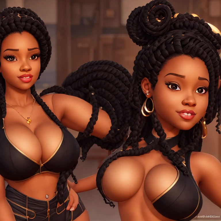 3D character, black female, black skin, black hair, beautiful, unique hairstyle braids, big breasts, cleavage