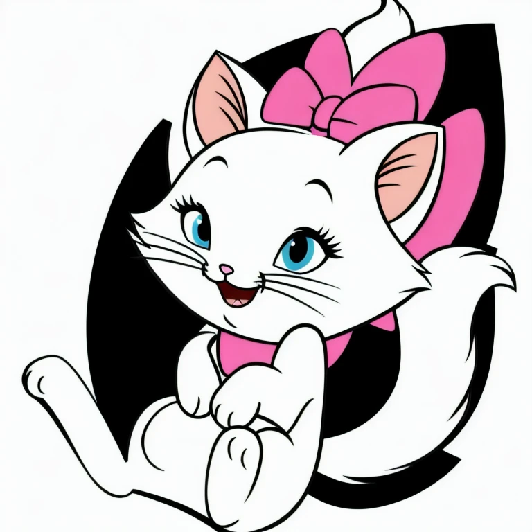 (masterpiece, best quality:1.2), white cat, female cat, pink ribbon, small piggytail, fluffy tail, cartoon, white fur, Disney style, cute, chibi, blue eyes, fluffy fur, happy, smiling
