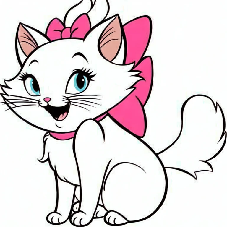 (masterpiece, best quality:1.2), white cat, female cat, small piggytail, fluffy tail, white fur, happy, smiling, cartoon cat, cartoon style, pink ribbon, disney style, fluffy fur, furry, cat