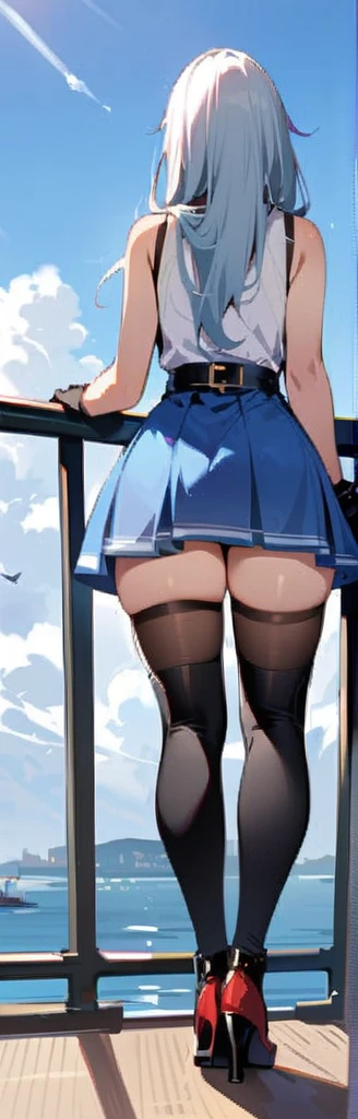 ((highest quality)), ((masterpiece)), ((1 girl)), alone, ferry, ((long hair)), ferryBase, ((Thighhighs)), bare shoulders, ((jewelry)), ((No sleeve)), white dress, blue skirt, ((gloves)), thigh height, from behind.