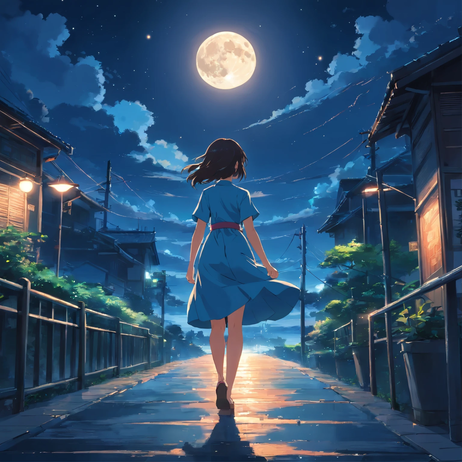 GIRL WALKING IN THE NIGHT ,BEAUTIFUL SCENARY,DARK BACK GROUND,WIND BLOWING HER DRESS, SHINING MOON