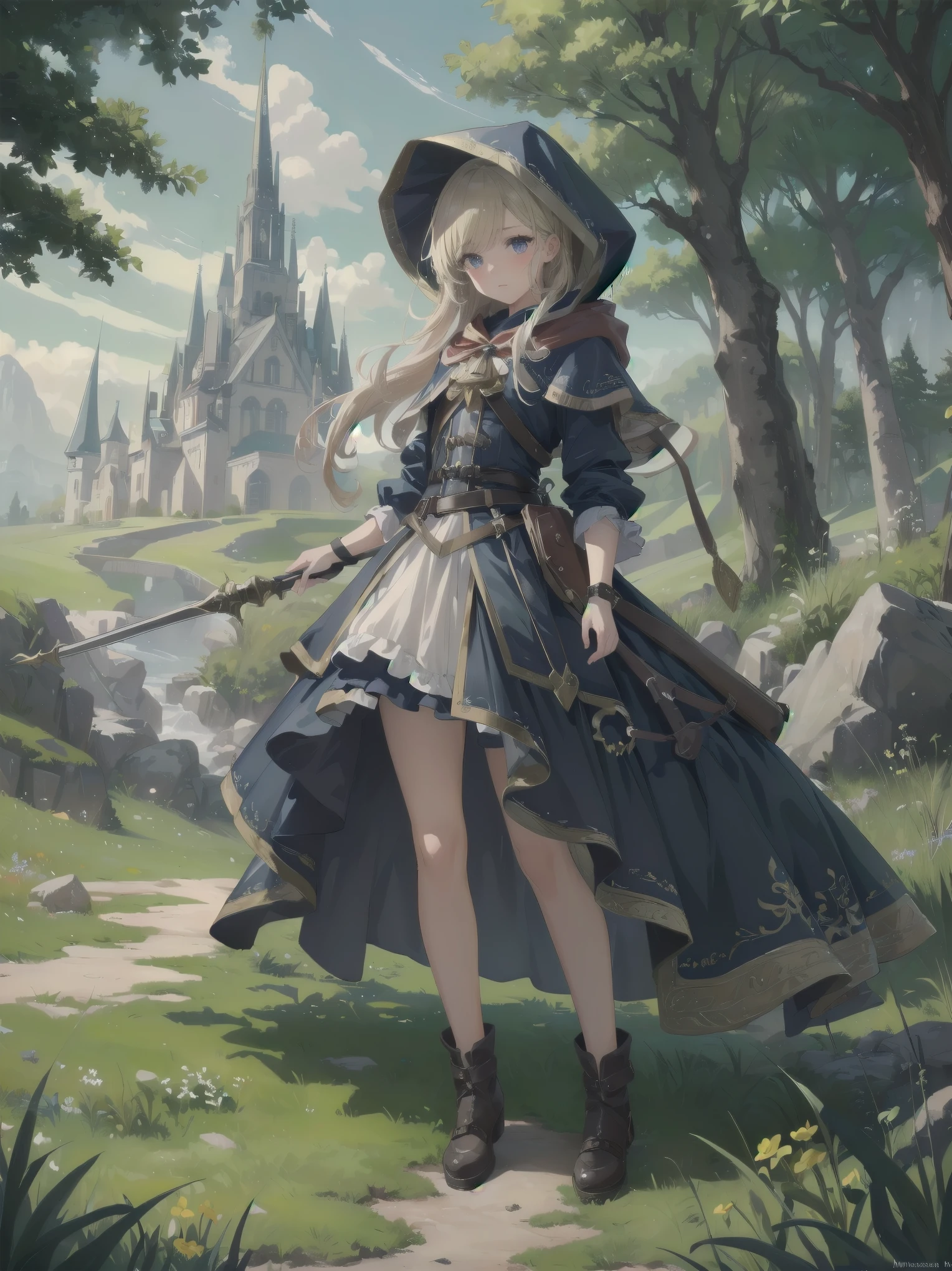 (Masterpiece, top quality, highest quality, official art, beautiful and aesthetic: 1.2), 1 girl, solo, marquise, adventurer, hood, meadow, detailed background, otherworldly fantasy with overwhelming modeling and super detailed amount of writing, one of the most powerful battle scenes, deep and detailed background, cute and beautiful girl, imaginative Cute girls, imaginative posing
