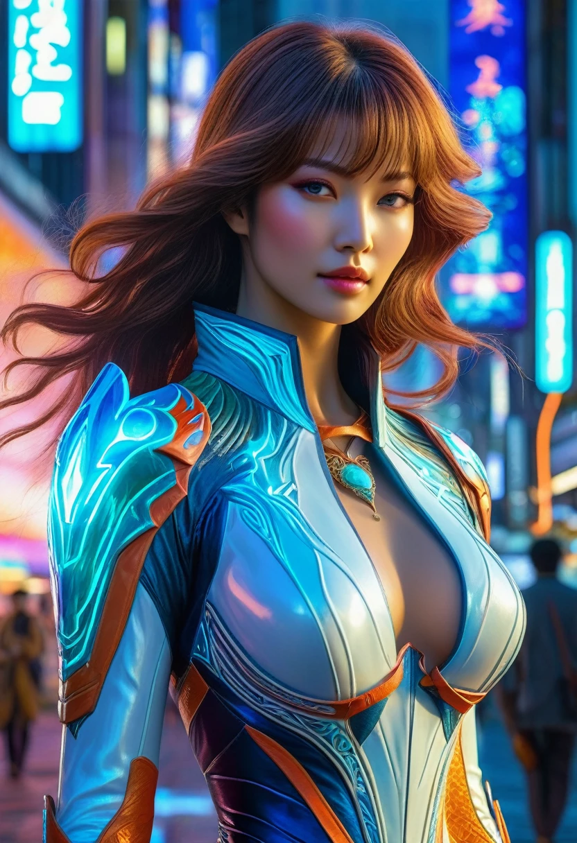(best quality,4k,highres),(realistic,photorealistic:1.37),(Yoshitaka Amano style:1.1) A woman and her guardian familiar, mystical creature,otherworldly being,enchanting companions,wearing stylish futuristic clothes,inspired by Phantasy Star Online, lustful poses, (The woman, with her eyes brightly colored and her facial features elegantly detailed, adding to her allure. Dressed in elegant casual clothes with a stylish futuristic jacket.), (She is accompanied by a guardian, a mystical humanoid with exquisite anatomical features. The humanoid's presence adds a sense of wonder and magic to the scene.), (The woman and her companion stand in a vibrant and bustling city, a modern metropolis with bustling streets, and vibrant signs. The colors are vibrant, with a mixture of blues, oranges, and pale reds creating a dreamlike atmosphere.), (The lighting is soft but illuminating, casting a gentle glow on both the woman and the creature.), (The overall composition has a realistic and photorealistic quality, capturing the essence of the scene in intricate detail.), (The art style is inspired by Yoshitaka Amano, known for his ethereal and otherworldly illustrations. The combination of realistic elements with the artist's unique style creates a captivating and visually stunning image.)