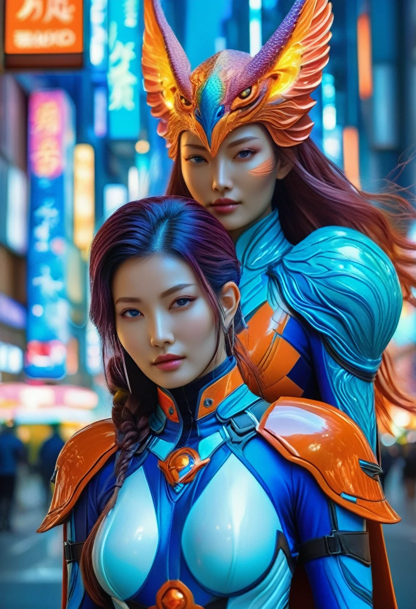 (best quality,4k,highres),(realistic,photorealistic:1.37),(Yoshitaka Amano style:1.1) A woman and her guardian familiar, mystical creature,otherworldly being,enchanting companions,wearing stylish futuristic clothes,inspired by Phantasy Star Online, lustful poses, (The woman, with her eyes brightly colored and her facial features elegantly detailed, adding to her allure. Dressed in elegant casual clothes with a stylish futuristic jacket.), (She is accompanied by a guardian, a mystical humanoid with exquisite anatomical features. The humanoid's presence adds a sense of wonder and magic to the scene.), (The woman and her companion stand in a vibrant and bustling city, a modern metropolis with bustling streets, and vibrant signs. The colors are vibrant, with a mixture of blues, oranges, and pale reds creating a dreamlike atmosphere.), (The lighting is soft but illuminating, casting a gentle glow on both the woman and the creature.), (The overall composition has a realistic and photorealistic quality, capturing the essence of the scene in intricate detail.), (The art style is inspired by Yoshitaka Amano, known for his ethereal and otherworldly illustrations. The combination of realistic elements with the artist's unique style creates a captivating and visually stunning image.)