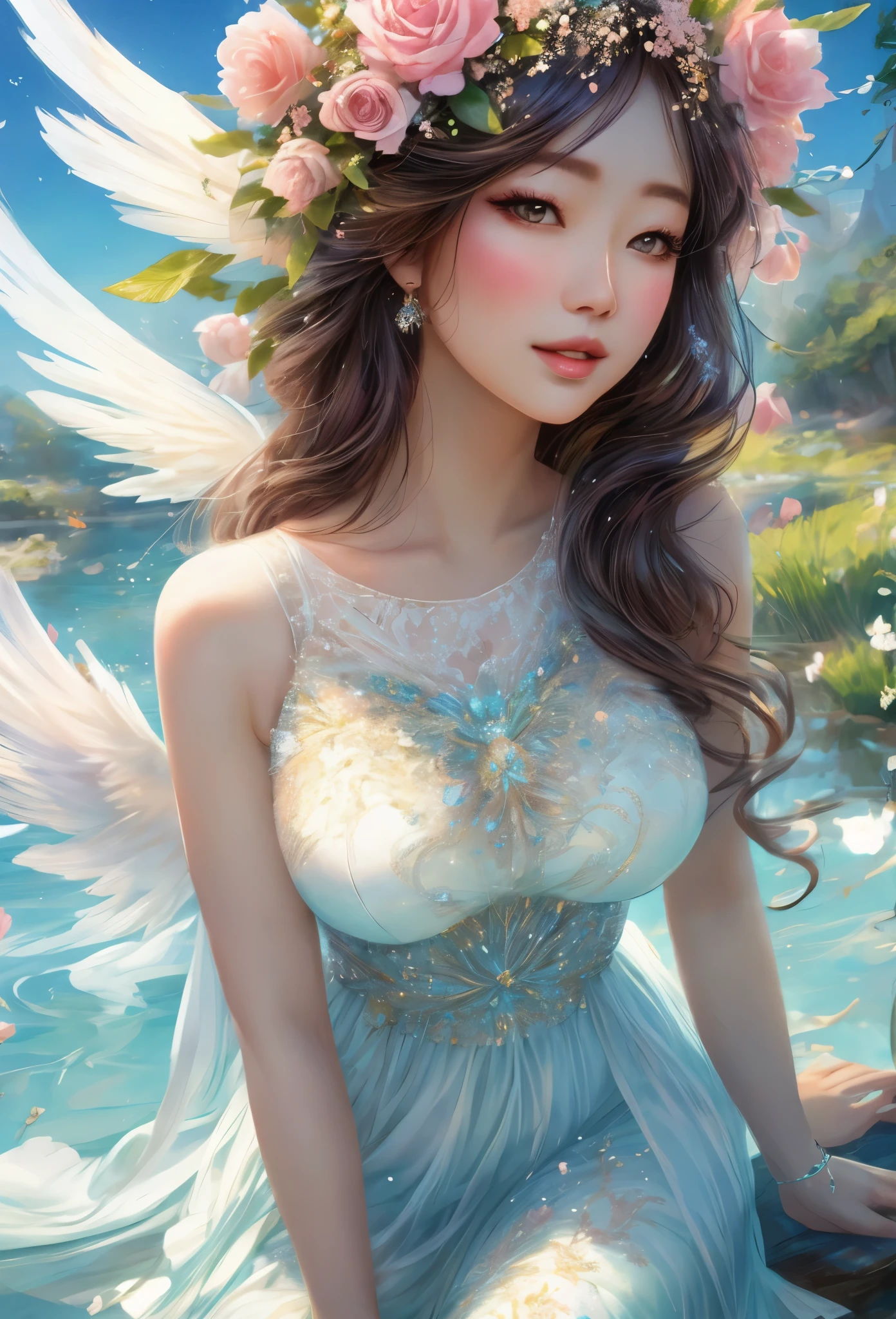 An angel visits the spring city,Winged Angel:22 years old:woman,Photorealistic,Pure white angel wings,Sitting,Angel clothing:detailed:Thin clothing,Perfect Face,Perfect Style,Anatomically correct,Adorable,春のflowerを手に持って,flowerの都の背景:Blurred Background,Wide range of colors,beautifully,Colorful,Light pink lips,gel lip,eyelash,A sloppy smile,masterpiece,最高masterpiece,highest quality,Angel symbolizing spring,flower,Wind Effects,Fantasy,Realistic,Unreal Engine,Zentangle Elements,複雑なdetailed,Beautiful light and shadow,Transparency,Anatomically correct,Big Breasts,sexy,Watching the audience,Soft Skin,Charm,open,Focus on angels,Show off your lips,Composition seen from below,Rose bud