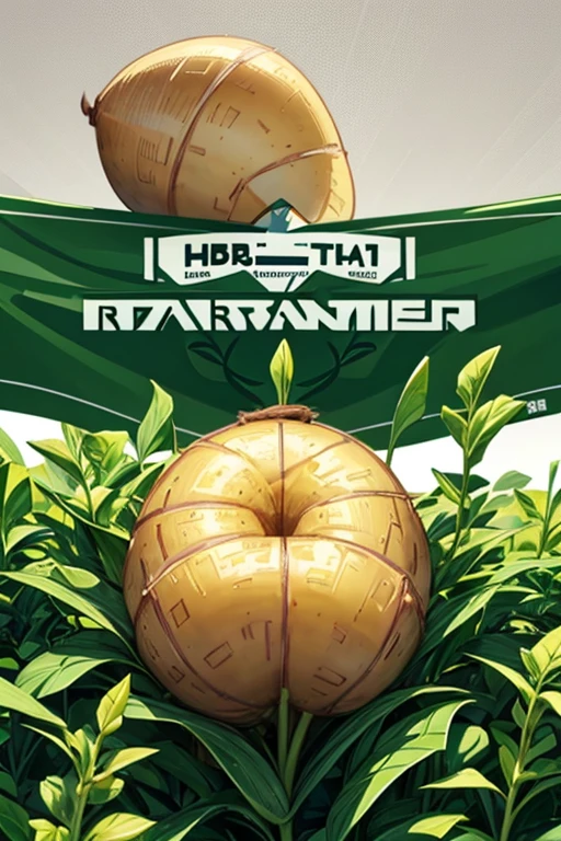 a close up of a potato plant with a banner on it, writing on banner saying FarmSmart, by Aleksander Kobzdej, logo vector art, FarmSmart LOGO, 3 0, 9k, 9 k, potato plant, large potato, striking artistic concept,professional Sticker, 8k high quality detailed art, professional logo design, high quality artwork