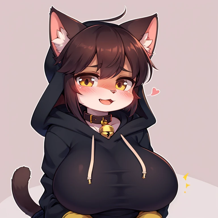 Cat, female, massive breasts, undersized hoodie,looking at user, winking, blushing, bell collar